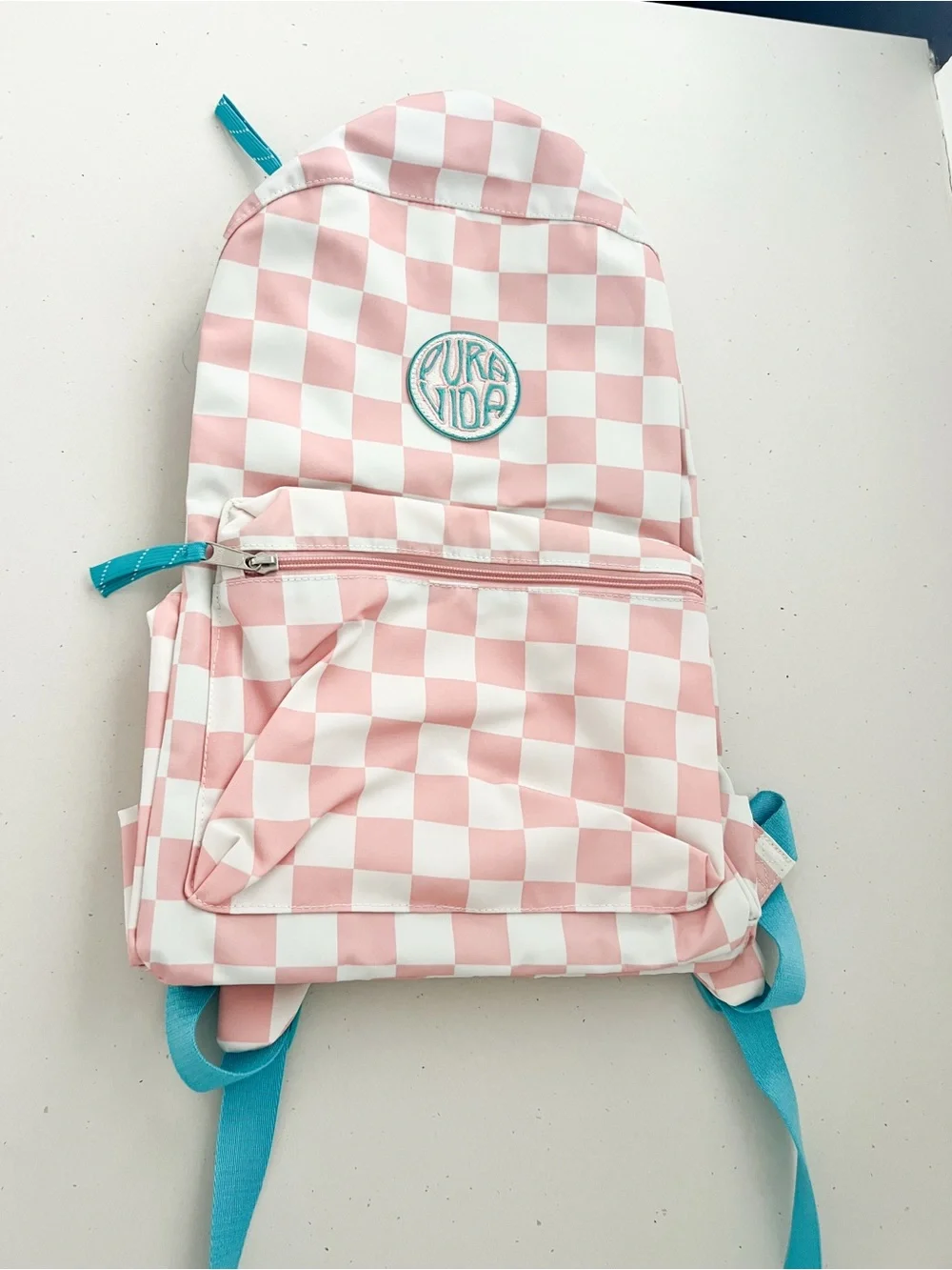 Pura Vida Pink & White Checkerboard Backpack Turquoise Straps School Bag